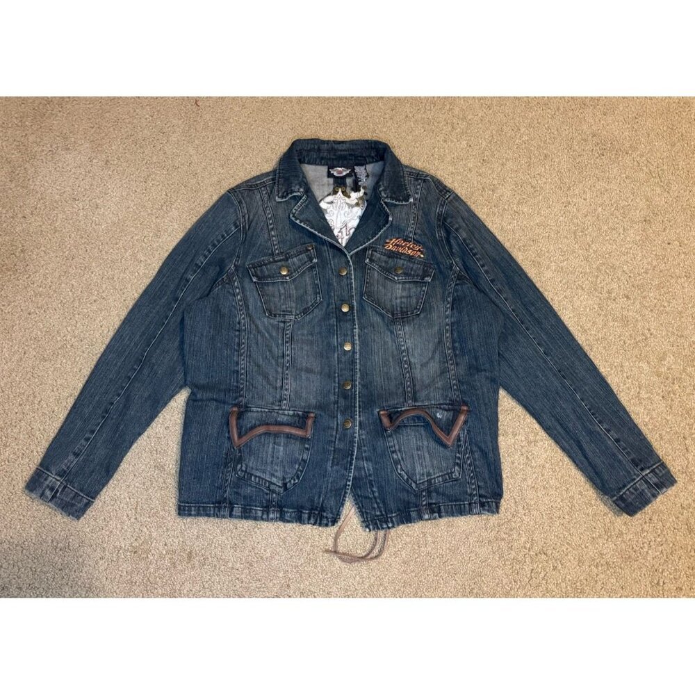 HARLEY DAVIDSON Womens 2X Denim Jean Jacket Tie-Back Embroidered Studded Biker